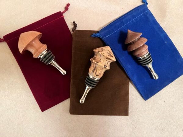 Hand crafted WINE BOTTLE STOPPER with stainless steel stopper, packaged in a pouch.
