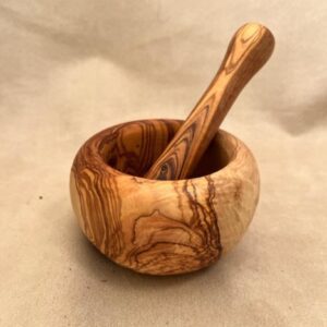 Olive wood medium mortar and pestle set.